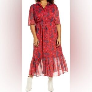 Halogen Midid Puff Sleeve Red Print Dress Size XS